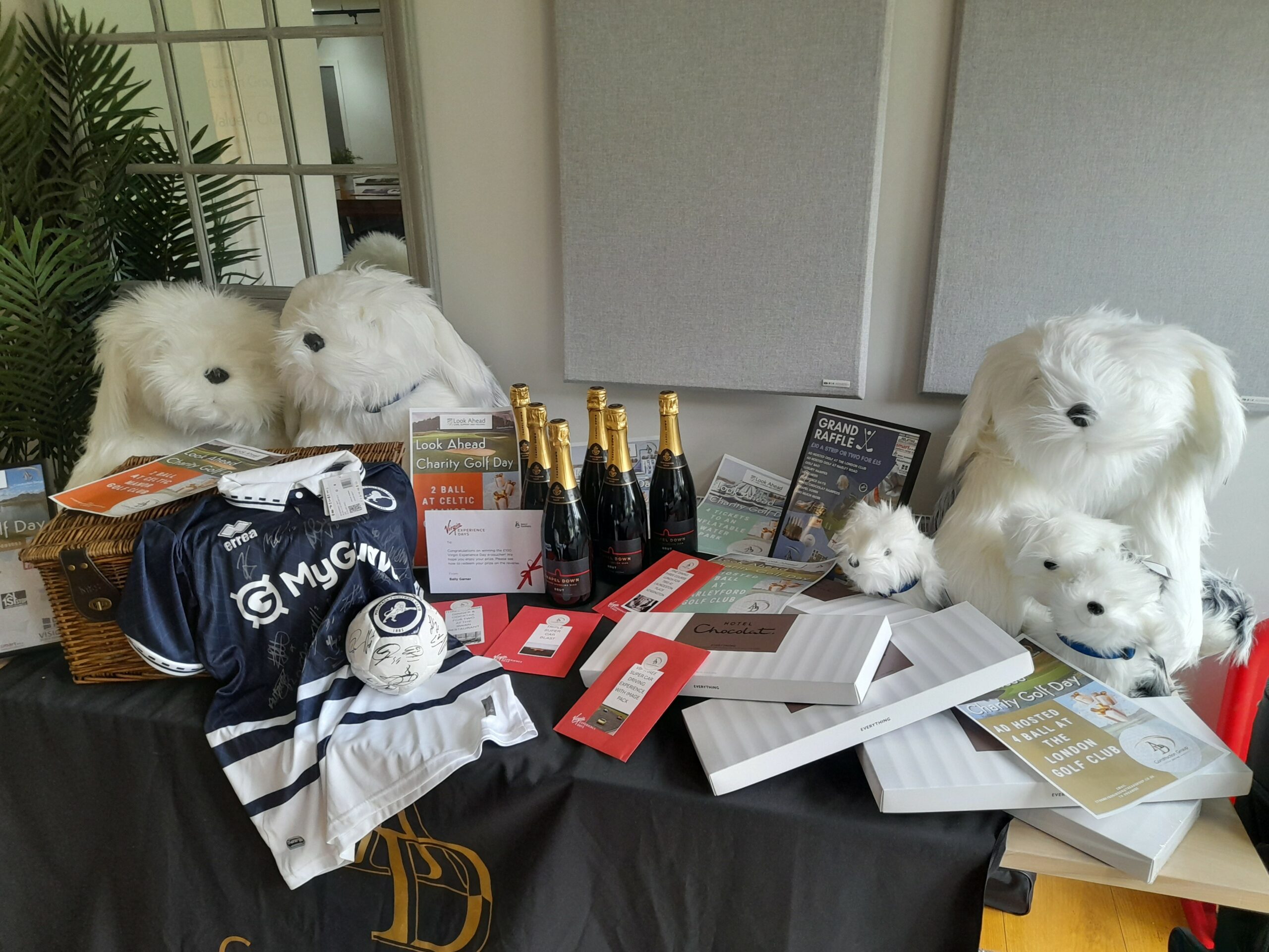 A selection of prizes including chocolates, a signed Milwall shirt and football, and cuddly toys.