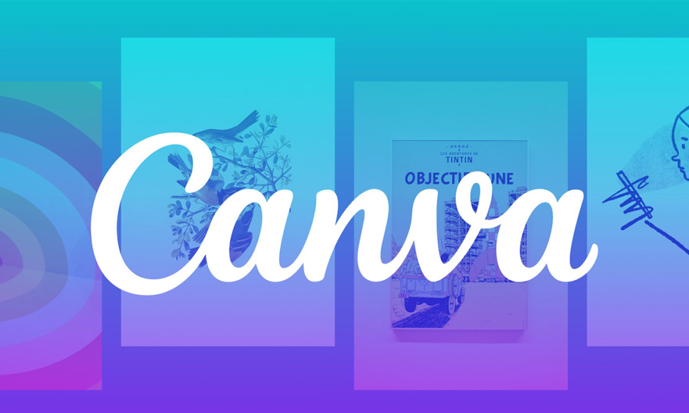 The Canva user interface overlaid with a blue filter and the word 'Canva' written in white across the middle.