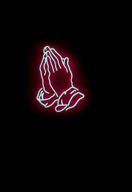 Praying neon hands.